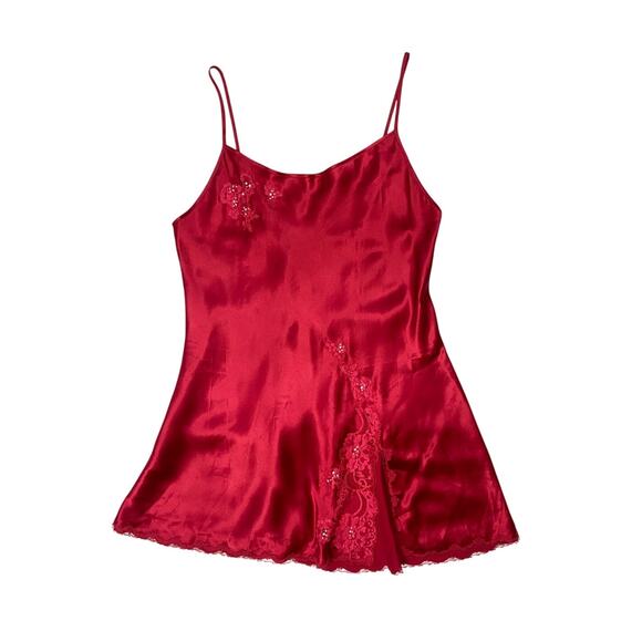 Y2K Victoria's Secret Red Slip w Studded Flower Embroidery - Picture 1 of 5